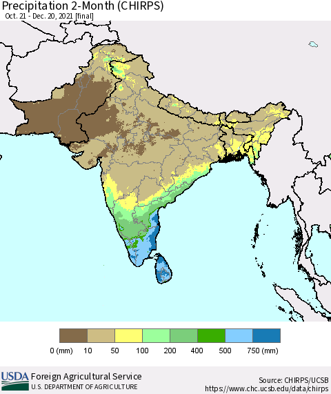 Southern Asia Precipitation 2-Month (CHIRPS) Thematic Map For 10/21/2021 - 12/20/2021