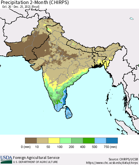Southern Asia Precipitation 2-Month (CHIRPS) Thematic Map For 10/26/2021 - 12/25/2021