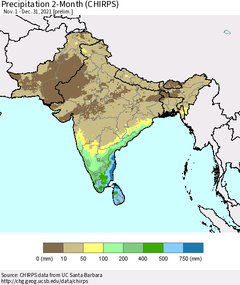 Southern Asia Precipitation 2-Month (CHIRPS) Thematic Map For 11/1/2021 - 12/31/2021