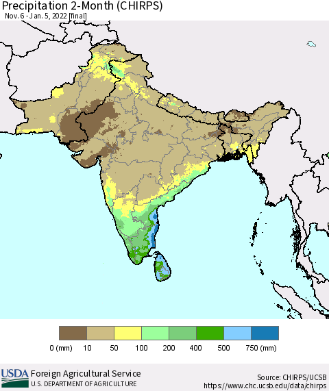 Southern Asia Precipitation 2-Month (CHIRPS) Thematic Map For 11/6/2021 - 1/5/2022