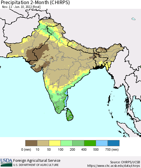 Southern Asia Precipitation 2-Month (CHIRPS) Thematic Map For 11/11/2021 - 1/10/2022