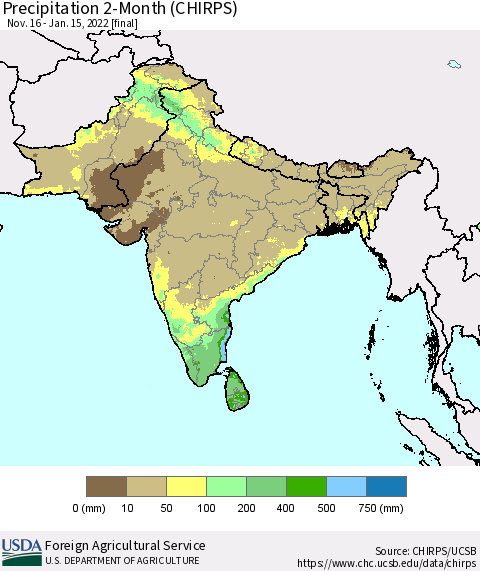 Southern Asia Precipitation 2-Month (CHIRPS) Thematic Map For 11/16/2021 - 1/15/2022