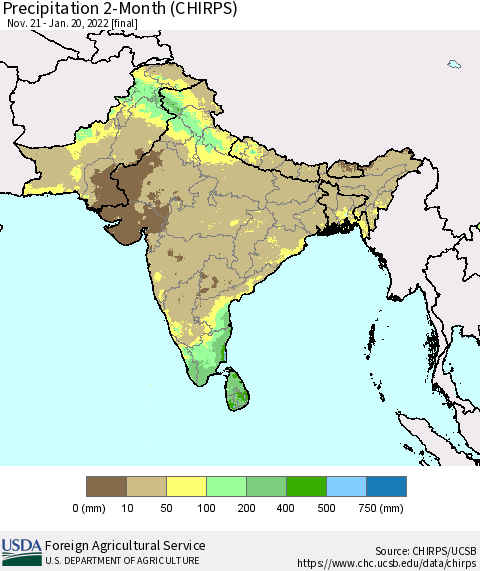 Southern Asia Precipitation 2-Month (CHIRPS) Thematic Map For 11/21/2021 - 1/20/2022