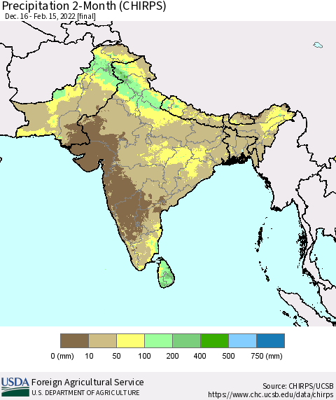 Southern Asia Precipitation 2-Month (CHIRPS) Thematic Map For 12/16/2021 - 2/15/2022