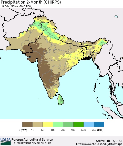 Southern Asia Precipitation 2-Month (CHIRPS) Thematic Map For 1/6/2022 - 3/5/2022