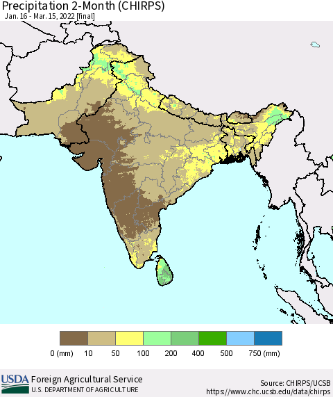 Southern Asia Precipitation 2-Month (CHIRPS) Thematic Map For 1/16/2022 - 3/15/2022