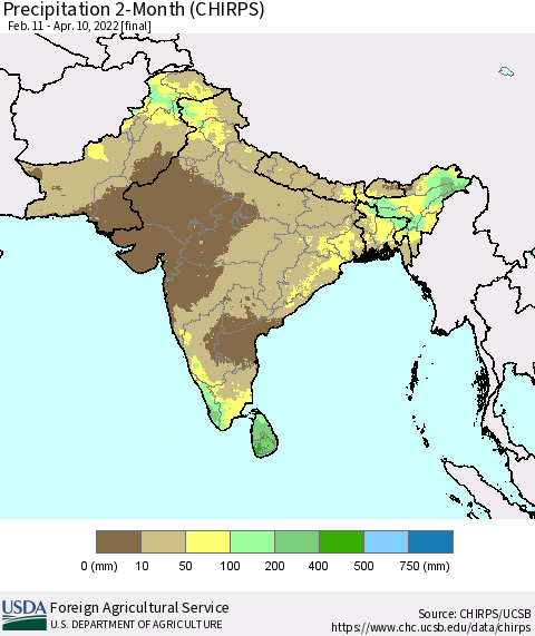 Southern Asia Precipitation 2-Month (CHIRPS) Thematic Map For 2/11/2022 - 4/10/2022