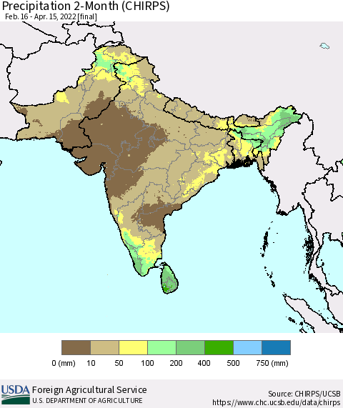 Southern Asia Precipitation 2-Month (CHIRPS) Thematic Map For 2/16/2022 - 4/15/2022