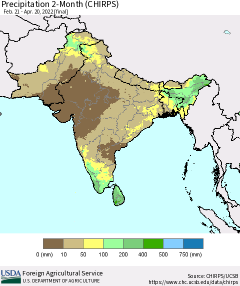 Southern Asia Precipitation 2-Month (CHIRPS) Thematic Map For 2/21/2022 - 4/20/2022