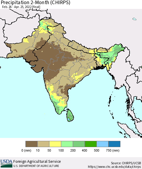 Southern Asia Precipitation 2-Month (CHIRPS) Thematic Map For 2/26/2022 - 4/25/2022
