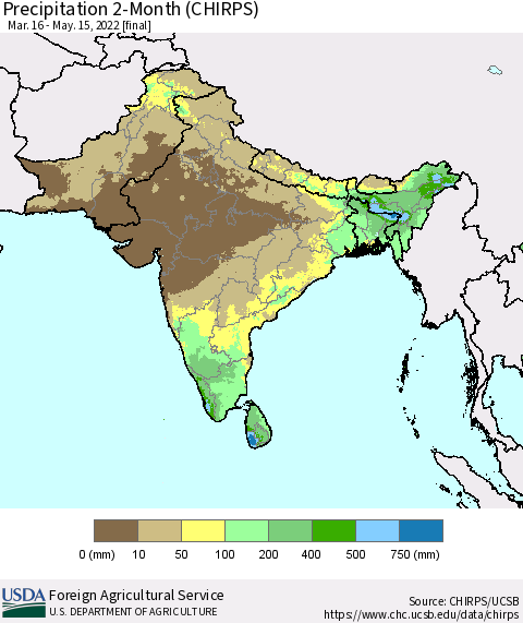 Southern Asia Precipitation 2-Month (CHIRPS) Thematic Map For 3/16/2022 - 5/15/2022