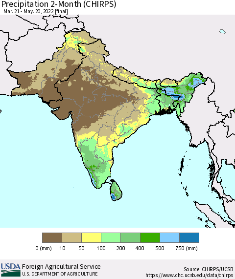 Southern Asia Precipitation 2-Month (CHIRPS) Thematic Map For 3/21/2022 - 5/20/2022