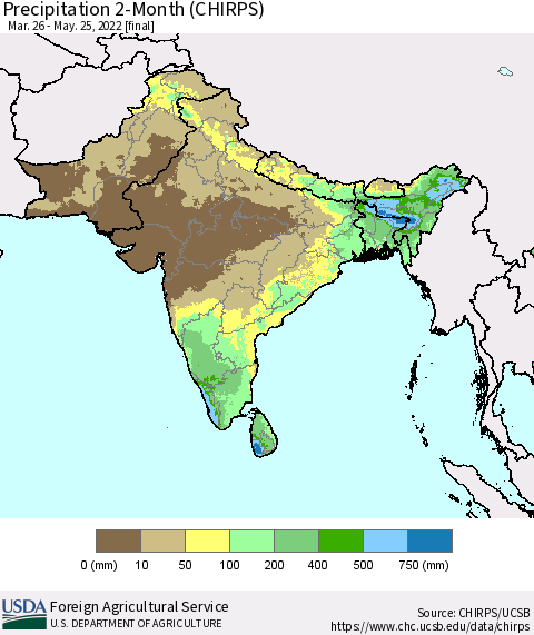 Southern Asia Precipitation 2-Month (CHIRPS) Thematic Map For 3/26/2022 - 5/25/2022