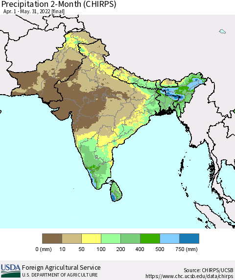 Southern Asia Precipitation 2-Month (CHIRPS) Thematic Map For 4/1/2022 - 5/31/2022