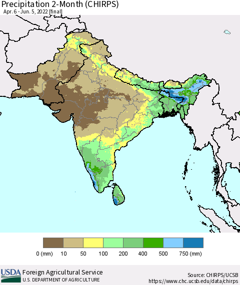 Southern Asia Precipitation 2-Month (CHIRPS) Thematic Map For 4/6/2022 - 6/5/2022