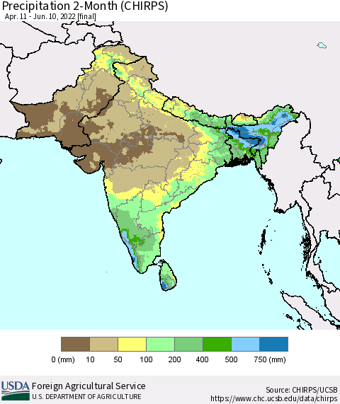 Southern Asia Precipitation 2-Month (CHIRPS) Thematic Map For 4/11/2022 - 6/10/2022
