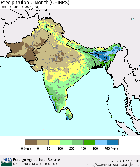 Southern Asia Precipitation 2-Month (CHIRPS) Thematic Map For 4/16/2022 - 6/15/2022