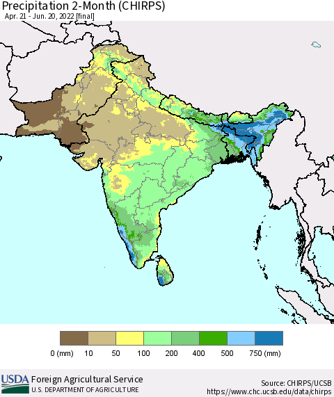 Southern Asia Precipitation 2-Month (CHIRPS) Thematic Map For 4/21/2022 - 6/20/2022