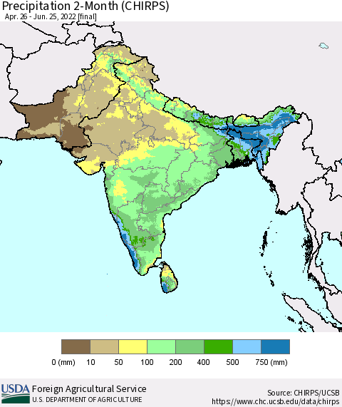 Southern Asia Precipitation 2-Month (CHIRPS) Thematic Map For 4/26/2022 - 6/25/2022