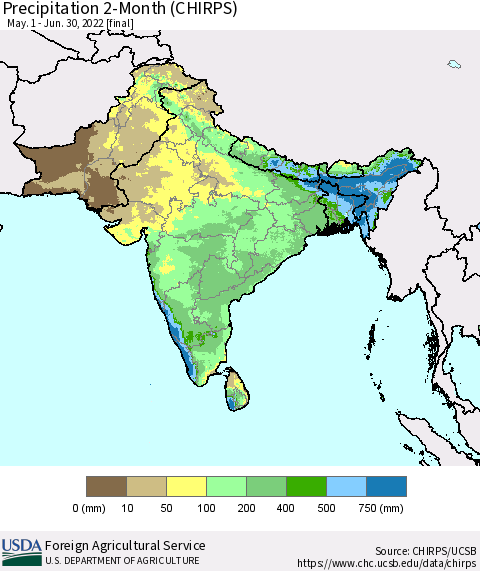 Southern Asia Precipitation 2-Month (CHIRPS) Thematic Map For 5/1/2022 - 6/30/2022