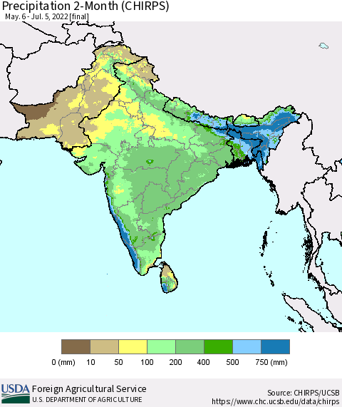 Southern Asia Precipitation 2-Month (CHIRPS) Thematic Map For 5/6/2022 - 7/5/2022