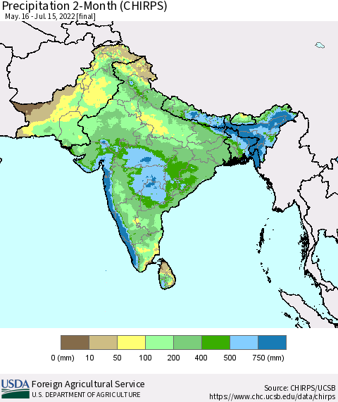 Southern Asia Precipitation 2-Month (CHIRPS) Thematic Map For 5/16/2022 - 7/15/2022