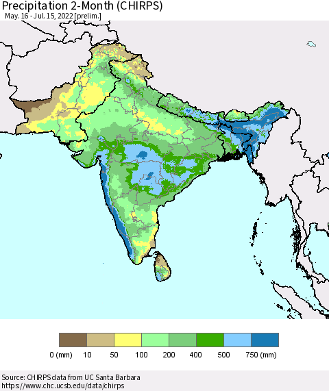 Southern Asia Precipitation 2-Month (CHIRPS) Thematic Map For 5/16/2022 - 7/15/2022