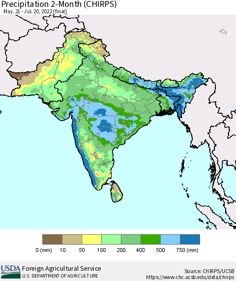 Southern Asia Precipitation 2-Month (CHIRPS) Thematic Map For 5/21/2022 - 7/20/2022