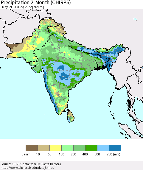 Southern Asia Precipitation 2-Month (CHIRPS) Thematic Map For 5/21/2022 - 7/20/2022