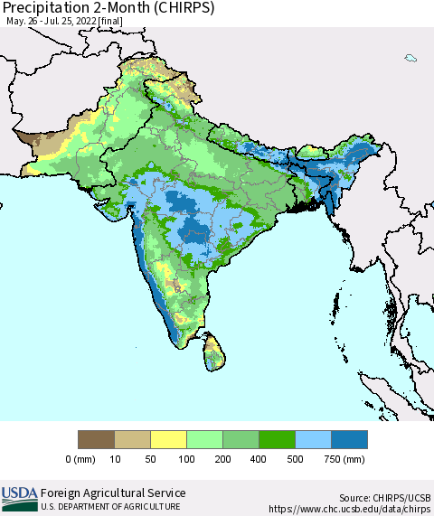 Southern Asia Precipitation 2-Month (CHIRPS) Thematic Map For 5/26/2022 - 7/25/2022