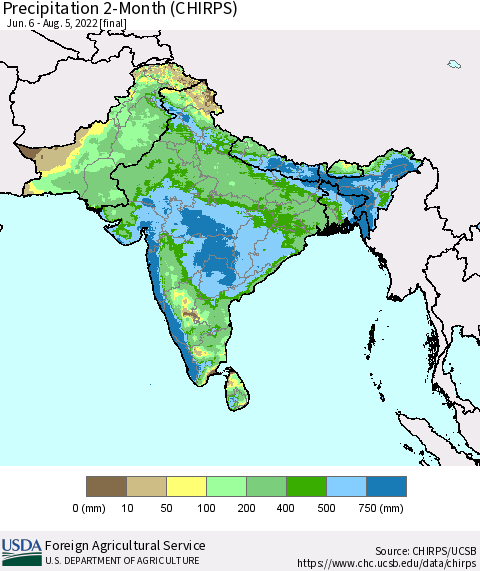 Southern Asia Precipitation 2-Month (CHIRPS) Thematic Map For 6/6/2022 - 8/5/2022