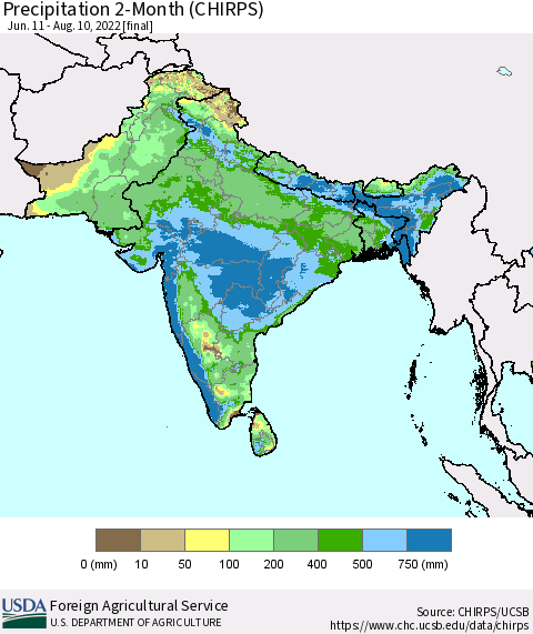 Southern Asia Precipitation 2-Month (CHIRPS) Thematic Map For 6/11/2022 - 8/10/2022