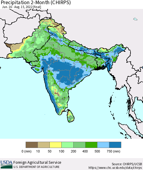 Southern Asia Precipitation 2-Month (CHIRPS) Thematic Map For 6/16/2022 - 8/15/2022