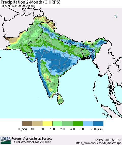 Southern Asia Precipitation 2-Month (CHIRPS) Thematic Map For 6/21/2022 - 8/20/2022