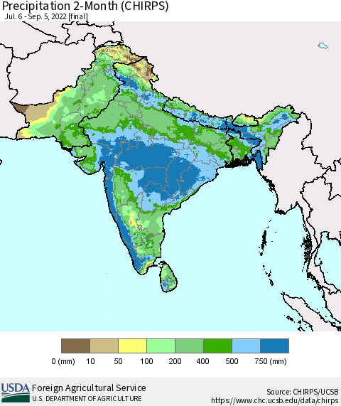 Southern Asia Precipitation 2-Month (CHIRPS) Thematic Map For 7/6/2022 - 9/5/2022