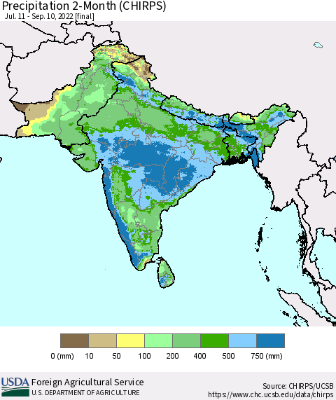 Southern Asia Precipitation 2-Month (CHIRPS) Thematic Map For 7/11/2022 - 9/10/2022