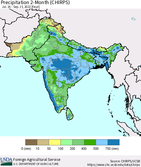 Southern Asia Precipitation 2-Month (CHIRPS) Thematic Map For 7/16/2022 - 9/15/2022