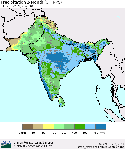 Southern Asia Precipitation 2-Month (CHIRPS) Thematic Map For 7/21/2022 - 9/20/2022