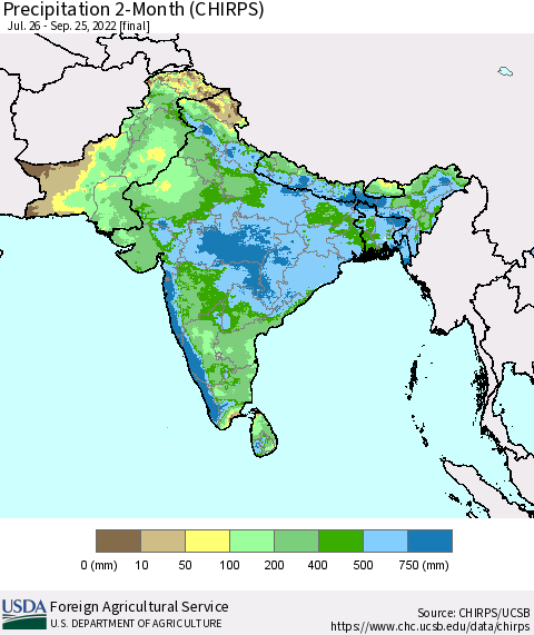 Southern Asia Precipitation 2-Month (CHIRPS) Thematic Map For 7/26/2022 - 9/25/2022
