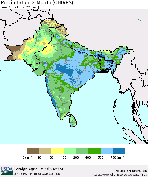 Southern Asia Precipitation 2-Month (CHIRPS) Thematic Map For 8/6/2022 - 10/5/2022