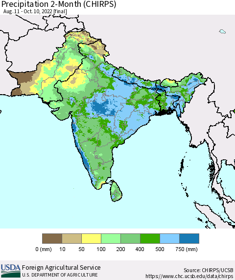 Southern Asia Precipitation 2-Month (CHIRPS) Thematic Map For 8/11/2022 - 10/10/2022