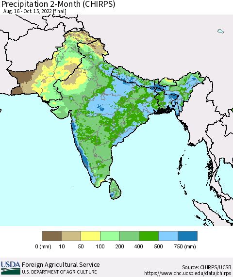 Southern Asia Precipitation 2-Month (CHIRPS) Thematic Map For 8/16/2022 - 10/15/2022