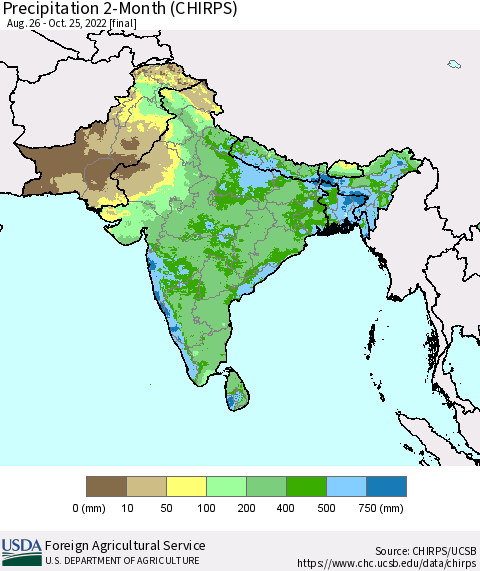 Southern Asia Precipitation 2-Month (CHIRPS) Thematic Map For 8/26/2022 - 10/25/2022