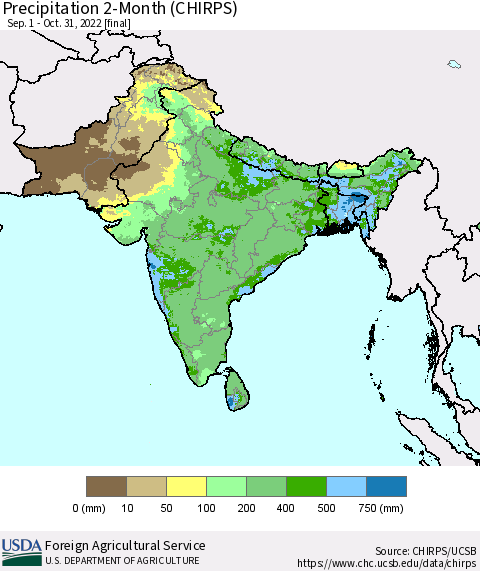 Southern Asia Precipitation 2-Month (CHIRPS) Thematic Map For 9/1/2022 - 10/31/2022