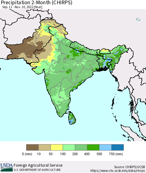 Southern Asia Precipitation 2-Month (CHIRPS) Thematic Map For 9/11/2022 - 11/10/2022