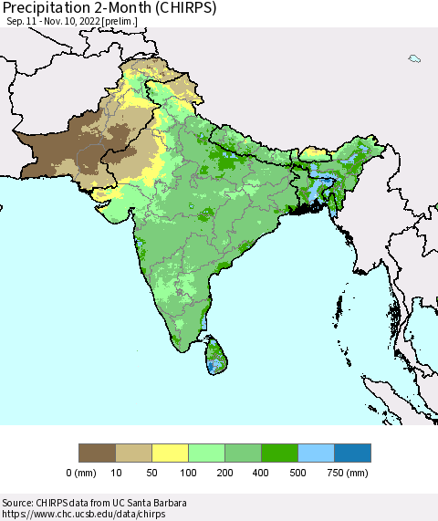 Southern Asia Precipitation 2-Month (CHIRPS) Thematic Map For 9/11/2022 - 11/10/2022