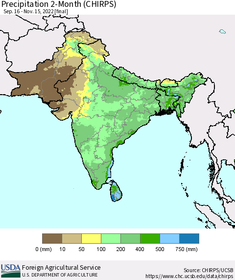 Southern Asia Precipitation 2-Month (CHIRPS) Thematic Map For 9/16/2022 - 11/15/2022