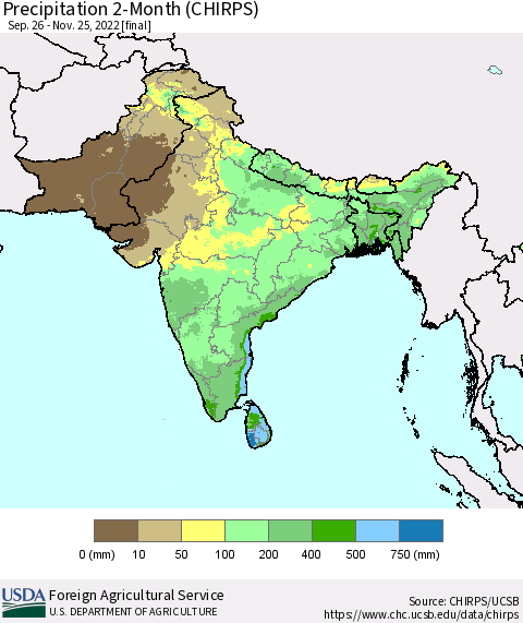 Southern Asia Precipitation 2-Month (CHIRPS) Thematic Map For 9/26/2022 - 11/25/2022