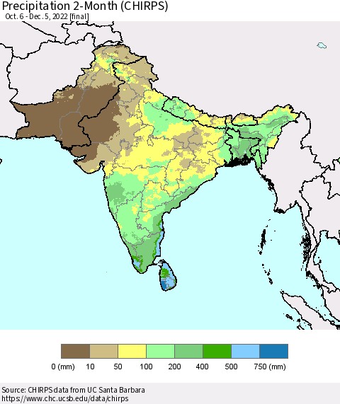 Southern Asia Precipitation 2-Month (CHIRPS) Thematic Map For 10/6/2022 - 12/5/2022