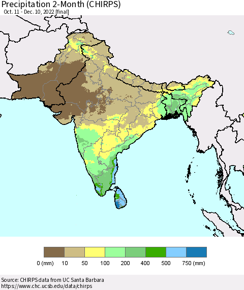 Southern Asia Precipitation 2-Month (CHIRPS) Thematic Map For 10/11/2022 - 12/10/2022
